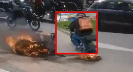 Ladrón en moto se robó un celular en Bogotá, se estrelló y le quemaron vehículo