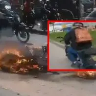Ladrón en moto se robó un celular en Bogotá, se estrelló y le quemaron vehículo