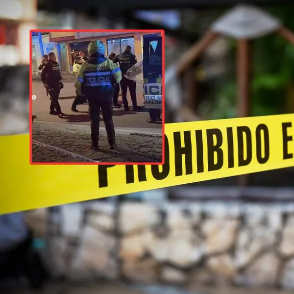 Miembros de la Policía al frente del billar en el barrio Las Ferias (Bogotá), donde ocurrió una balacera que dejó un muerto