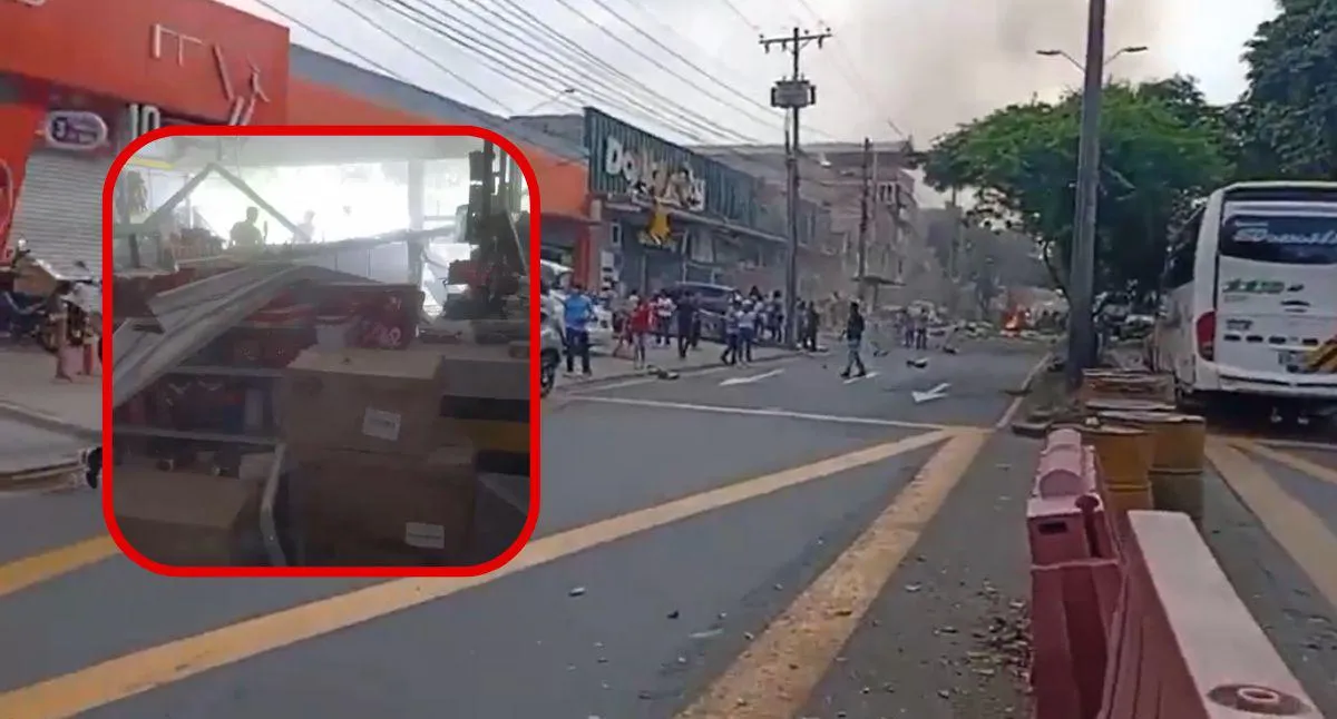 Atentado terrorista hoy en Cali dejó en ruinas un local de la cadena Dollarcity ubicado frente a la Base Aérea Marco Fidel Suárez.