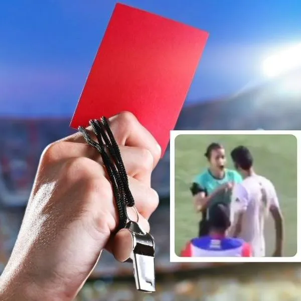 Fotos de expulsión y agresión a árbitra, en nota de que jugador agredió a árbitra en Primera C de Colombia por expulsarlo; video de caso