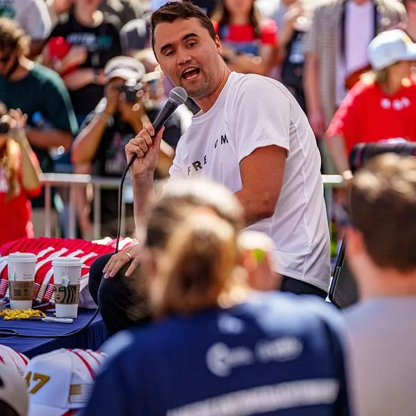 OREM, UTAH - SEPTEMBER 10:  Charlie Kirk speaks at Utah Valley University on September 10, 2025 in Orem, Utah.  Kirk, founder of Turning Point USA, was speaking at his "American Comeback Tour" when he was shot in the neck and killed.  (Photo by Trent Nelson/The Salt Lake Tribune/Getty Images)