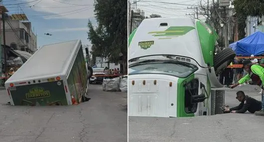 Video: camión de gaseosas cae dentro de un enorme hueco a mitad de la carretera