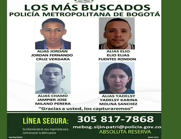 Alias 'Jordan', 'Elio', 'Chamo' y 'Yadelsy': Los más buscados por comisión de delitos en Bogotá ¡Absoluta reserva!  