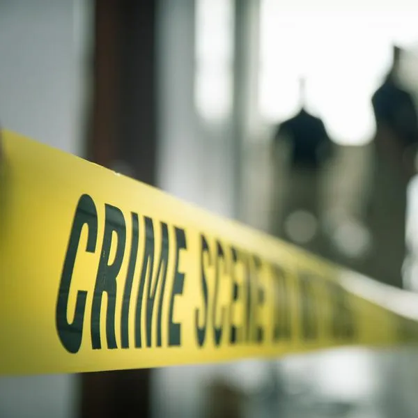 crime scene tape with blurred forensic law enforcement background in cinematic tone and copy space