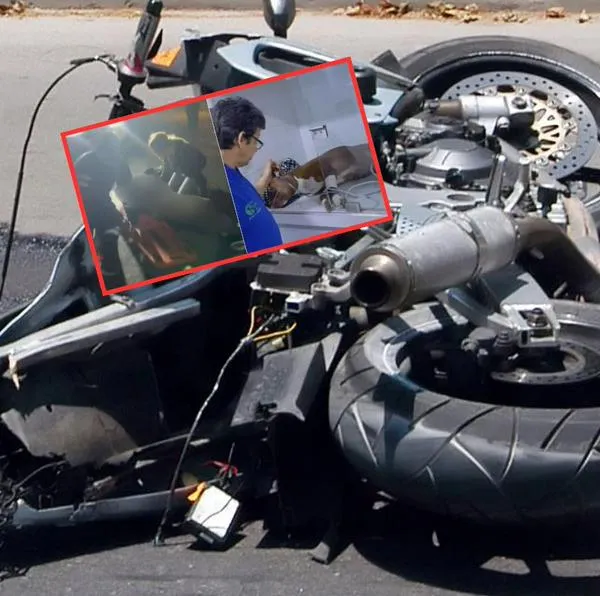 Al fondo, imagen de referencia de un accidente de moto. Al frente, escena de un choque que dejó a un hombre en coma y a su mascota con heridas graves; ocurrió en Galerías, Bogotá