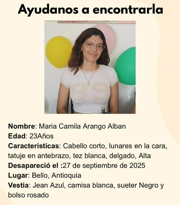 Buscan a María Camila Arango, joven desaparecida en Bello, Antioquia