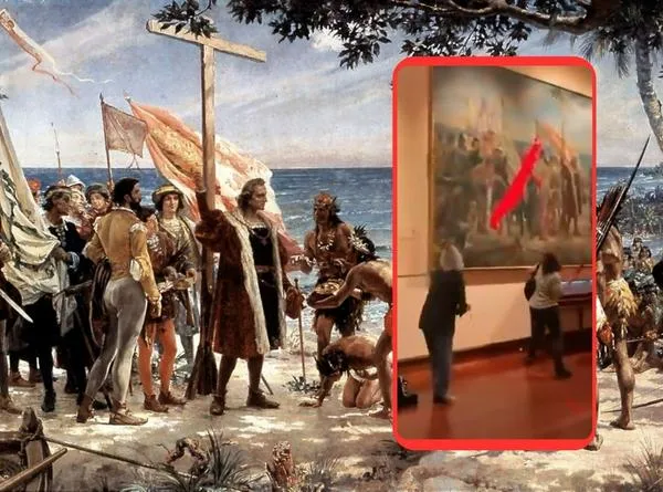 Arrojan pintura roja a a histórico cuadro de Cristobal Colón: video y cómo quedó