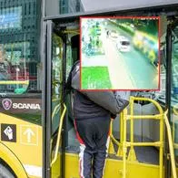 En recuadro, imagen de cuando un bus amarillo del SITP atropella a un adulto mayor de 63 años en Bosa, sur de Bogotá