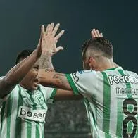 Alfredo Morelos y Mateus Uribe celebrando el gol con el que Nacional le ganó al América