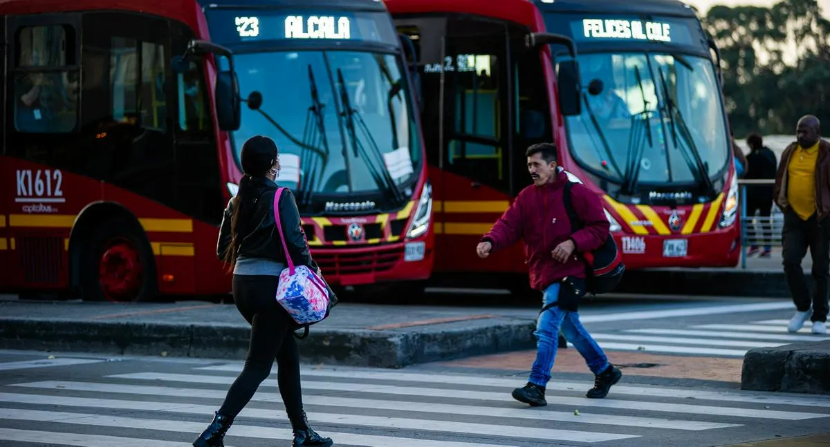 People commute in the bicycles and transmilenio public transport system during the ''No Car Day'' in Bogota, Colombia in which private cars and vehicles including motorcicles are banned to improve the cities air and pollution, on February 2, 2023. (Photo by Sebastian Barros/NurPhoto via Getty Images)