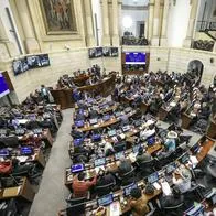 A general view shows the Colombian Senate during the debate on the recreational use of marijuana for adults, in the plenary hall of the congress of the republic at Bogota, on June 20, 2023. The Colombian Congress is discussing a constitutional reform that seeks to legalize the production and commercialization of cannabis for adults. (Photo by Juan Pablo Pino / AFP)