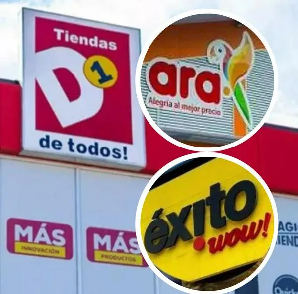 Fotos de D1, Ara y Éxito, en nota de por qué D1 tiene menos marcas que otros hard discount; Éxito y Ara miran atentos