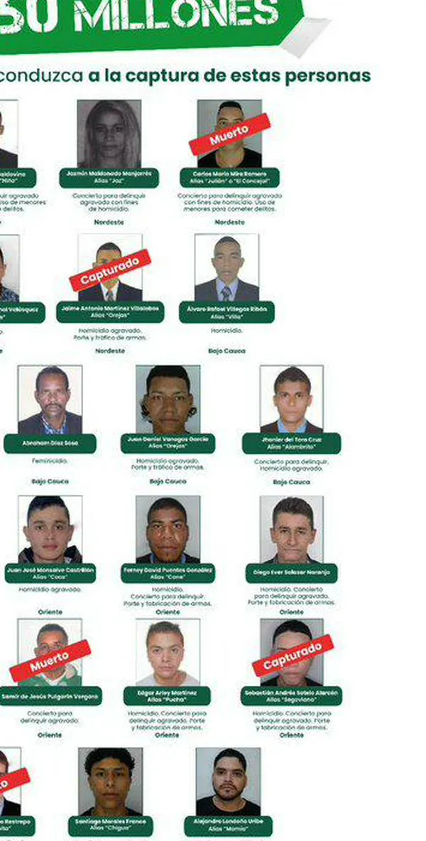 El cartel de los más buscados por homicidio en Antioquia; Gobernación y Policía ofrecen hasta $50 por cada uno