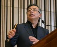 Colombian President Gustavo Petro speaks during a meeting with members of the Colombian diaspora at the Martin Luther King Jr. Memorial Library in Washington, DC, on February 5, 2026. (Photo by Oliver Contreras / AFP)