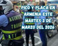 Pico y placa en Armenia (Quindío) este martes, 3 de marzo del 2026