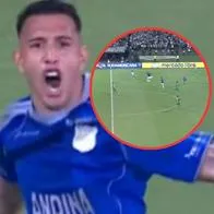 Rodrigo Contreras celebrando su gol con Millonarios vs. Nacional, en Copa Sudamericana
