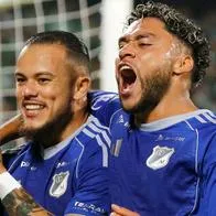 Leonardo Castro celebrando su gol en la victoria de Millonarios contra Nacional, por Copa Sudamericana