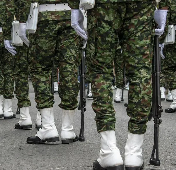 Military police formation, Soldiers in training, Public force in formation discipline. High quality photo