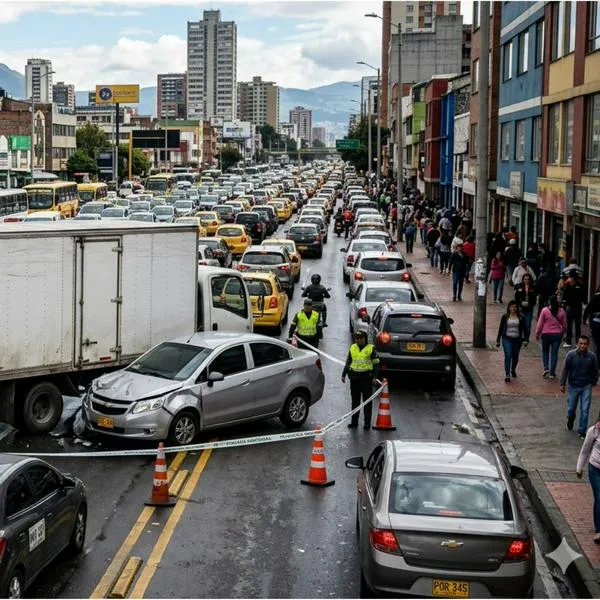 Trancón avenida Boyacá con calle 13 Bogotá hoy por accidente de camión y carro 