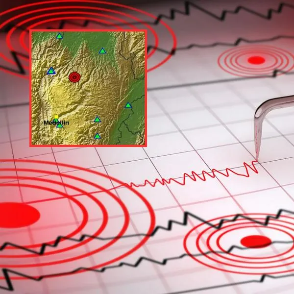En el recuadro, el mapa que muestra dónde se dio el temblor de este 18 de abril, cerca de Medellín