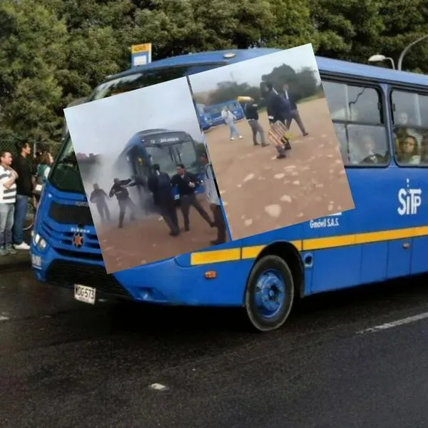 En el recuadro, imágenes de una pelea entre conductores del SITP y taxistas en Bogotá