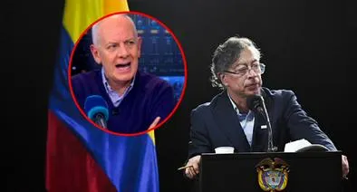 De fondo, el presidente Gustavo Petro participa en un evento en Bogotá, el 19 de mayo de 2026; resaltado, el periodista Felipe Zuleta, en Blu Radio 