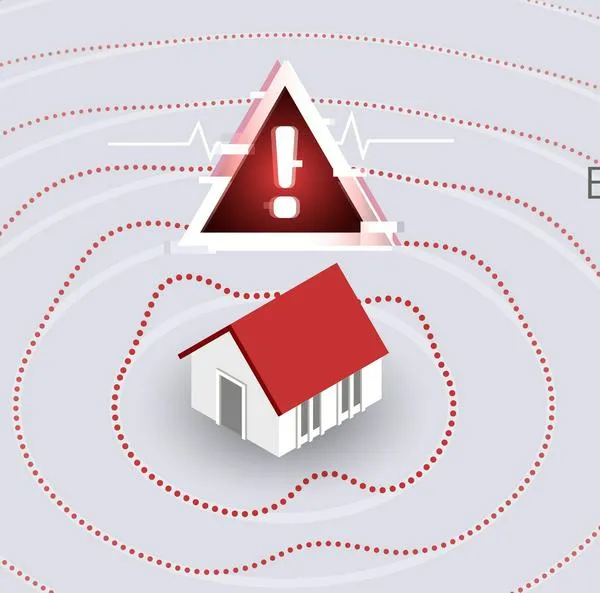 Earthquake-themed graphic Terremotos: puede temblar cuando hace más calor o cambio de temperaturaconcentric wave lines, a central house, alert symbol, and minimal trees perfect for designers creating emergency or awareness visuals.