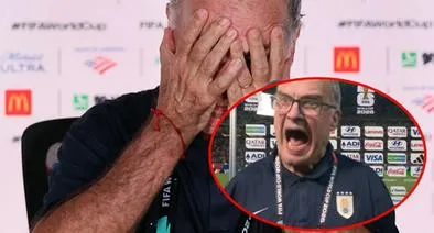 De fondo, Marcelo Bielsa, director técnico de Uruguay, reacciona durante una conferencia de prensa tras la eliminación de Uruguay del Grupo H de la Copa Mundial de la FIFA 2026 ante España en el Estadio Guadalajara, el 26 de junio de 2026 en Zapopan, México; resaltado, el DT reaccionando en entrevista.