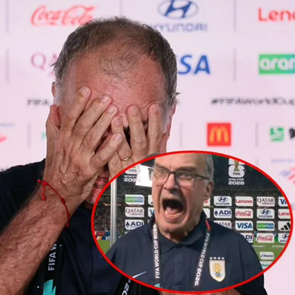 De fondo, Marcelo Bielsa, director técnico de Uruguay, reacciona durante una conferencia de prensa tras la eliminación de Uruguay del Grupo H de la Copa Mundial de la FIFA 2026 ante España en el Estadio Guadalajara, el 26 de junio de 2026 en Zapopan, México; resaltado, el DT reaccionando en entrevista.
