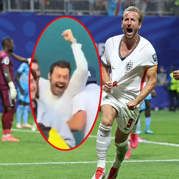 De fondo, Harry Kane, # 9 de Inglaterra, celebra con Jude Bellingham, # 10, tras anotar el primer gol de su equipo durante el partido de dieciseisavos de final de la Copa Mundial de la FIFA 2026 entre Inglaterra y la RD del Congo en el Atlanta Stadium el 1 de julio de 2026 en Atlanta, Georgia; destacado, Harry Styles celebrando el tanto a la distancia.