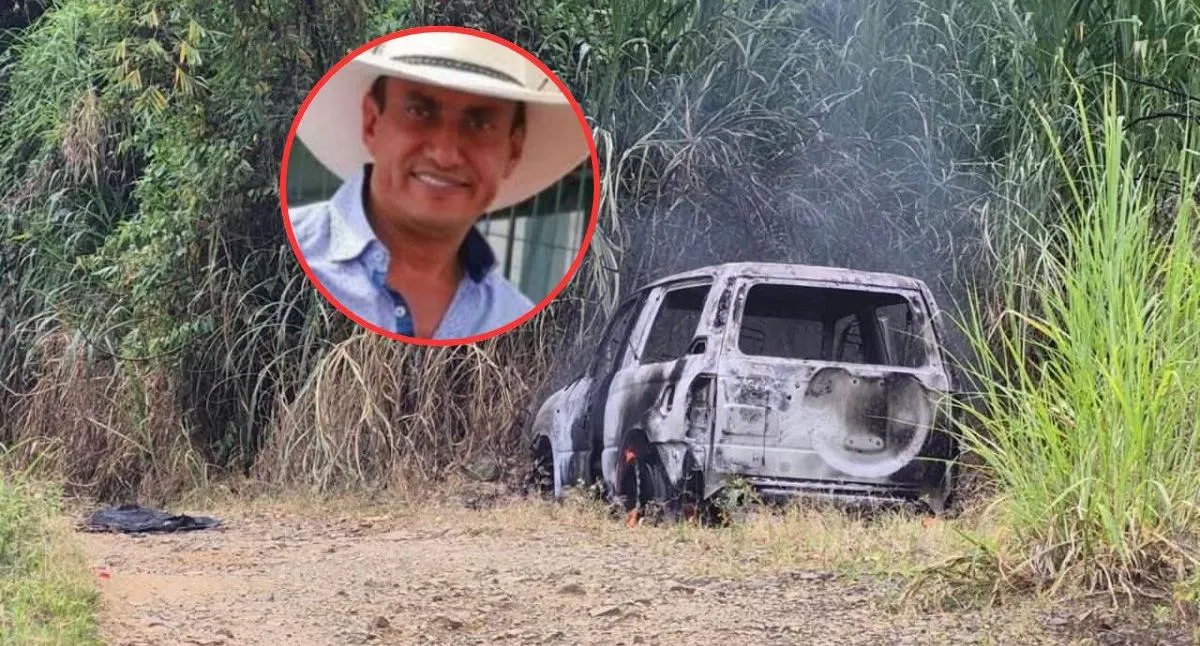 Así quedó la camioneta (fondo) de Gildardo Peña (círculo), ganadero asesinado en el Valle del Cauca. Le incineraron el vehículo