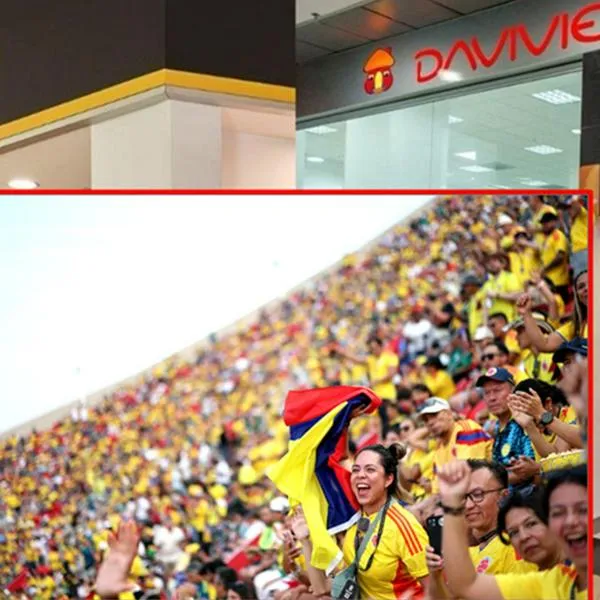 A la izquierda, sucursal de Bancolombia (página web de la entidad); en la derecha, Davivienda (página web de la entidad); en el centro aficionados de la Selección Colombia (Getty  Images) / Fotocomposición de Pulzo