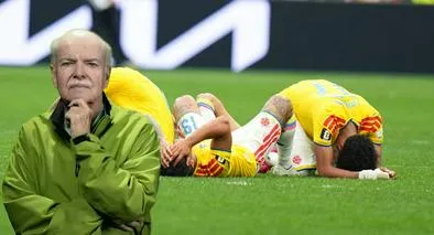 De fondo, jugadores de Colombia, devastados tras la tanda de penaltis durante el partido de octavos de final de la Copa Mundial de la FIFA 2026 ante Suiza en el BC Place en Vancouver, Canadá, el 7 de julio de 2026 (Getty Images); resaltado, Iván Mejía (@RTVCnoticias)  