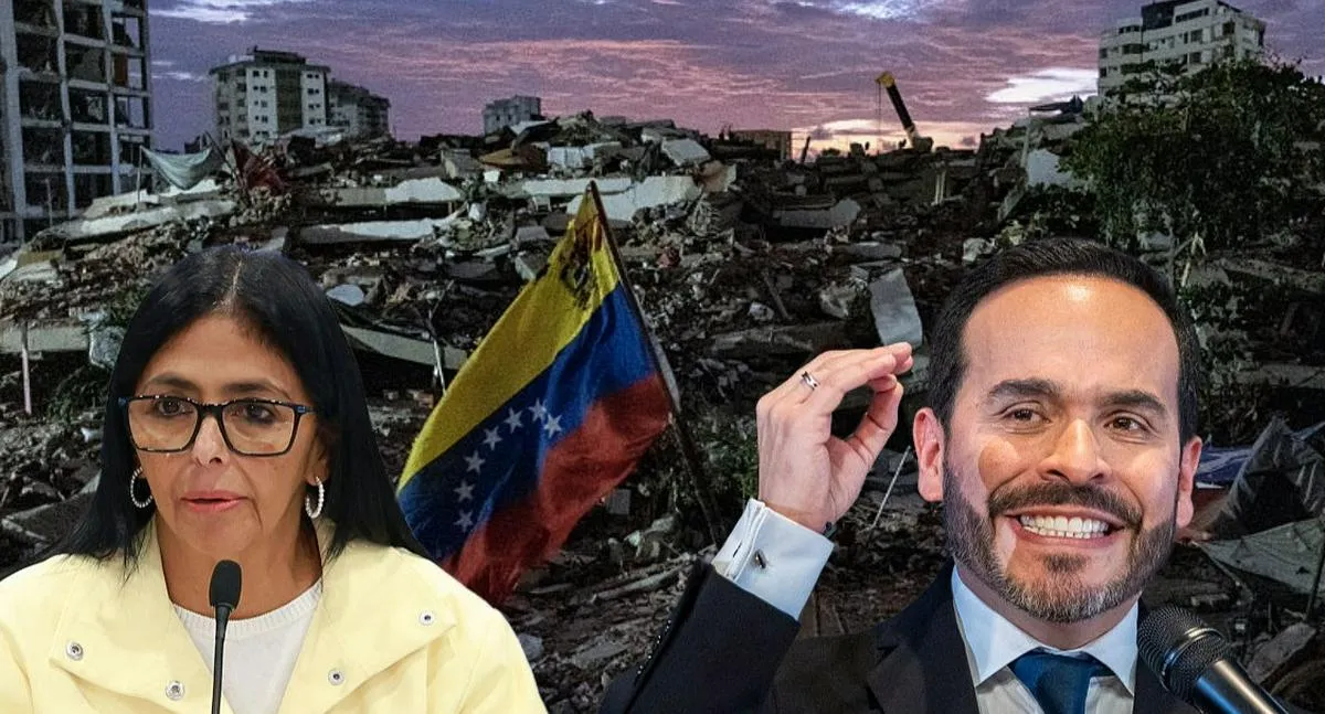 Delcy Rodríguez, presidenta interina de Venezuela, y Abelardo de la Espriella, presidente electo de Colombia, sobre escombros que quedaron después de los temblores en Venezuela.