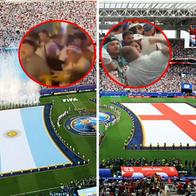 De fondo, las hinchadas de Argentina y de Inglaterra (Getty Images); resaltadas, las imágenes de peleas entre seguidores de ambas selecciones (X: @AlertaArgNews y X: @Barras_LATAM) / Fotocomposición de Pulzo
