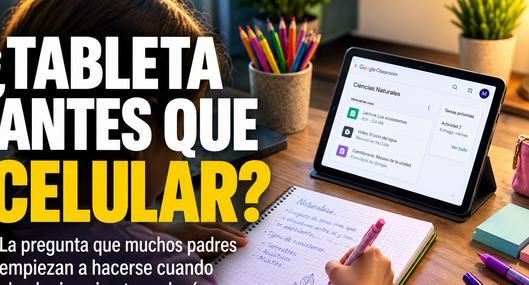 Estudiante realiza una actividad escolar utilizando una tableta mientras consulta una plataforma educativa en un escritorio con cuadernos y útiles escolares.