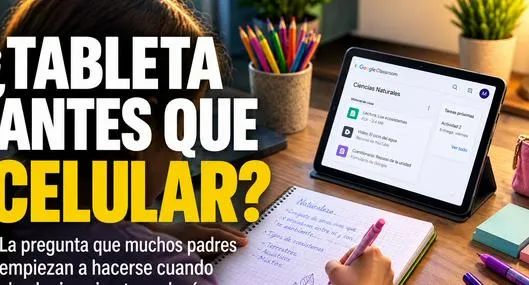 Estudiante realiza una actividad escolar utilizando una tableta mientras consulta una plataforma educativa en un escritorio con cuadernos y útiles escolares.