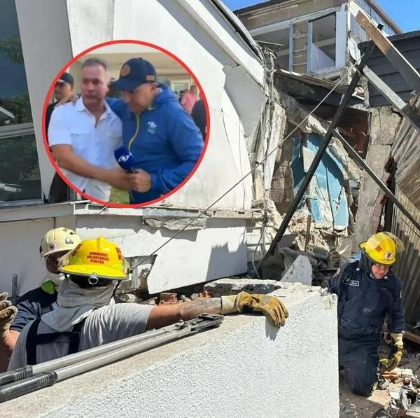 En el fondo, ruinas en Pereira por el terremoto de 7,4 (Getty Images). En círculo, el alcalde de la capital de Risaralda, Mauricio Salazar, llorando por la magnitud del desastre (Captura de pantalla Noticias Caracol)
