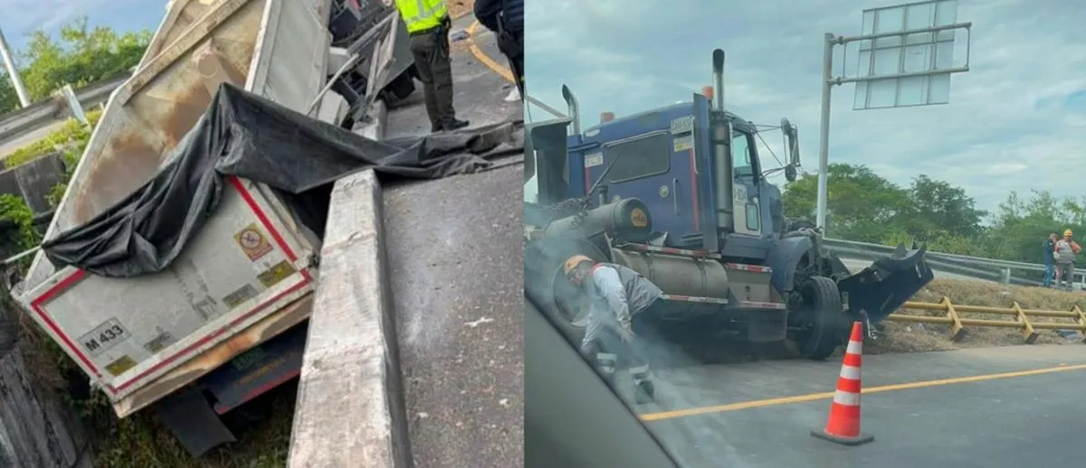 Tractocamión se volcó en vía del Tolima y dejó un conductor herido