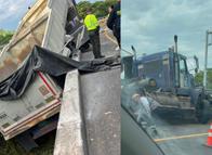 Tractocamión se volcó en vía del Tolima y dejó un conductor herido