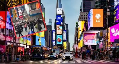 En fondo (Getty Images) el Times Square de Nueva York, donde la mujer que está en el recuadro (X: @austen_tv) atacó con cuchillo a personas y la policía le disparó