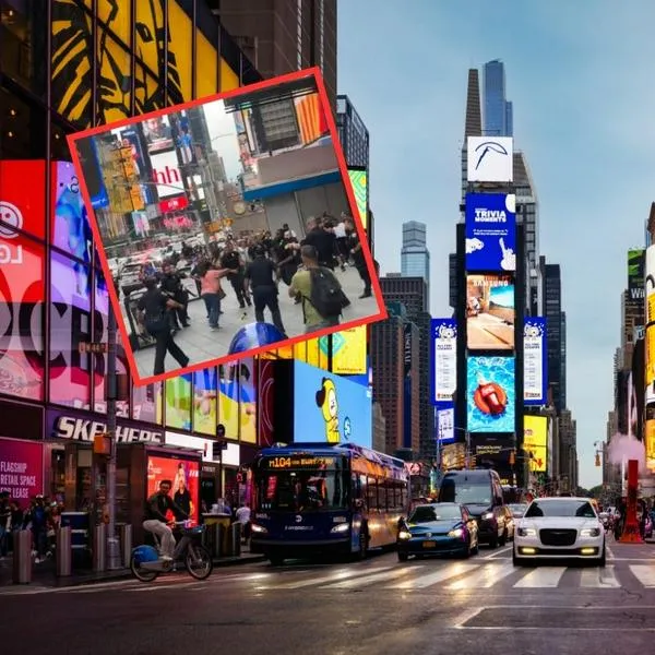 En fondo (Getty Images) el Times Square de Nueva York, donde la mujer que está en el recuadro (X: @austen_tv) atacó con cuchillo a personas y la policía le disparó