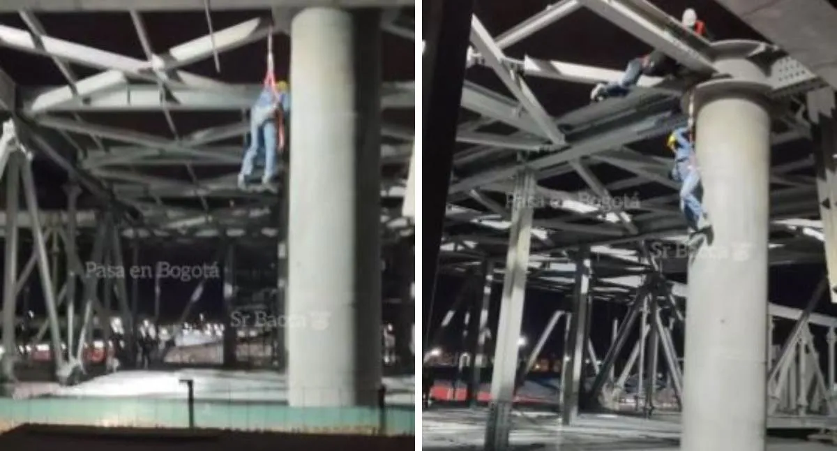 Momento en el que un trabajador queda colgando de un arnés en las obras del metro de Bogotá