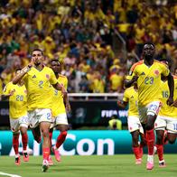 ZAPOPAN, MEXICO - JUNE 23: Daniel Munoz #2 of Colombia celebrates with teammates after scoring the team's first goal during the FIFA World Cup 2026 Group K match between Colombia and Congo DR at Guadalajara Stadium on June 23, 2026 in Zapopan, Mexico. (Photo by Ryan Pierse - FIFA/FIFA via Getty Images)