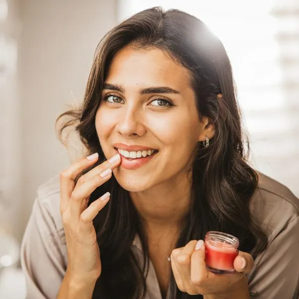 Happy young woman in pajama applying lip gloss in front of mirror in bathroom.