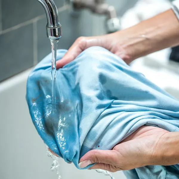 Woman Cleaning Stained Shirt in Bathroom Sink.
