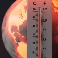 Earth experiencing extreme high temperatures and a thermometer showing high temperatures, 3d rendering