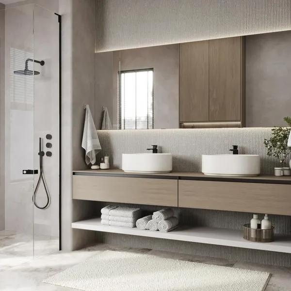 Modern contemporary beige concrete bathroom with shower