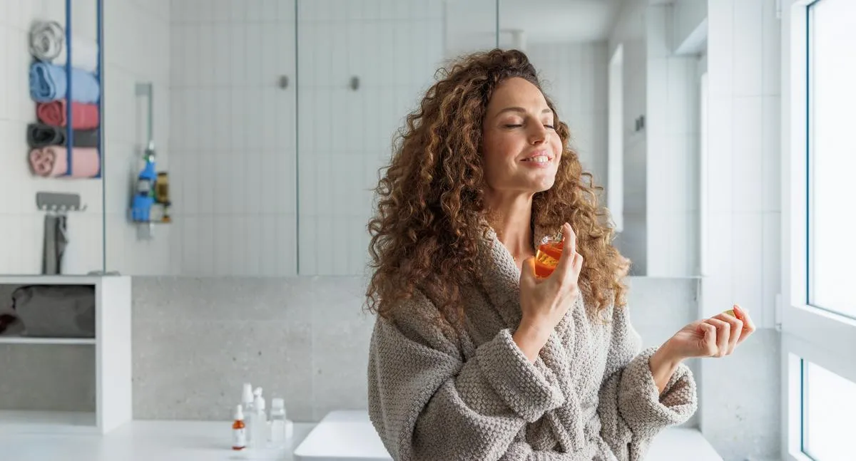 A mid adult woman with curly hair wearing a cozy robe applies fragrance in a bright modern bathroom with white tiles and natural daylight.